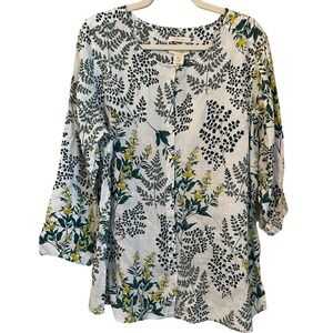 Cynthia Rowley 1X Linen Floral Button Roll Tab Tunic Top White Green Yellow
